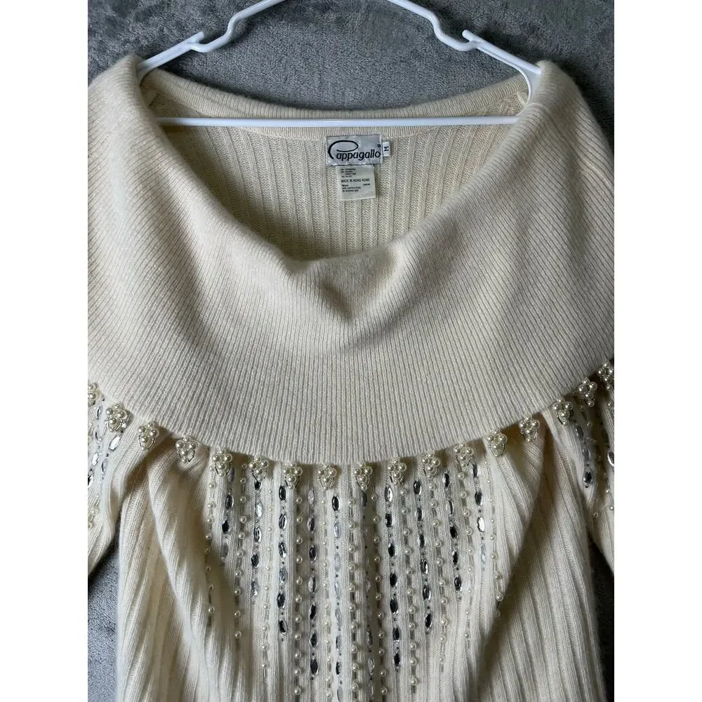 Vintage Ivory Lambswool Angora Beaded Ribbed Knit Sweater Skirt Set Quiet Luxury